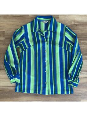 MLM 70’s USA Polyester Button Up Blouse Women Small Blue Green Stripe Retro Mod